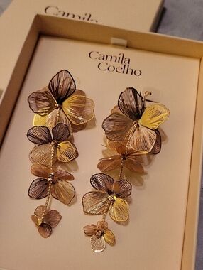 Camila Coelho Two-Tone Gold Floral Drop Earrings Rt TL M Bnib